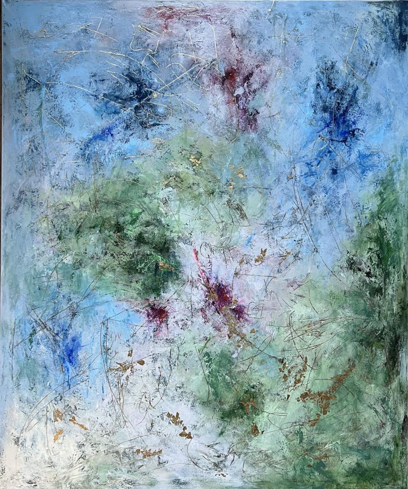 SWEET DREAMS FROM THE PAST 2,120x100cm Original abstract acrylic painting with gold paper and mixed media on canvas. Features layered vibrant tones of green, blue and magenta, textured strokes, and shimmering golden accents that change with light. Hand-signed artwork, ready to hang.