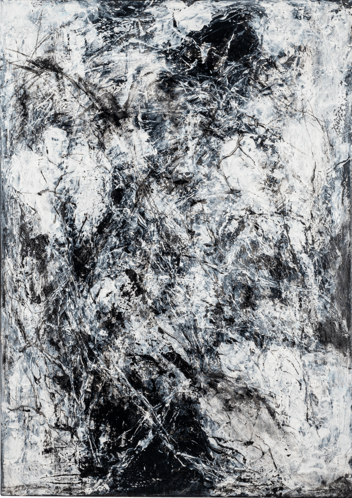 The Joy of Silence 1 - Abstract black-and-white painting (70x50cm) exploring texture and contrast. Expressive brushwork, layered surfaces, and subtle light create a vibrant, modern statement piece. Worldwide shipping and easy returns. Ready to hang.