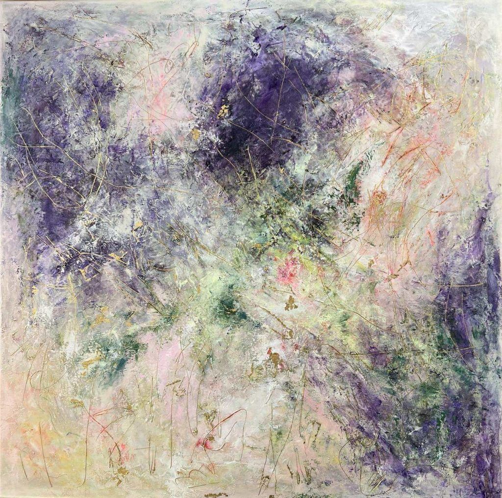 The Color of Your Next Thought 1 100x100cm Large abstract painting soft green, deep violet, bright pink and gold. Textured layers, expressive marks, and gold accents create a dynamic modern artwork full of depth and energy. Worldwide shipping and easy returns. Ready to hang.