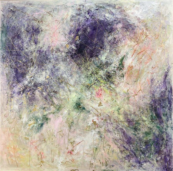 The Color of Your Next Thought 1 100x100cm Large abstract painting soft green, deep violet, bright pink and gold. Textured layers, expressive marks, and gold accents create a dynamic modern artwork full of depth and energy. Worldwide shipping and easy returns. Ready to hang.