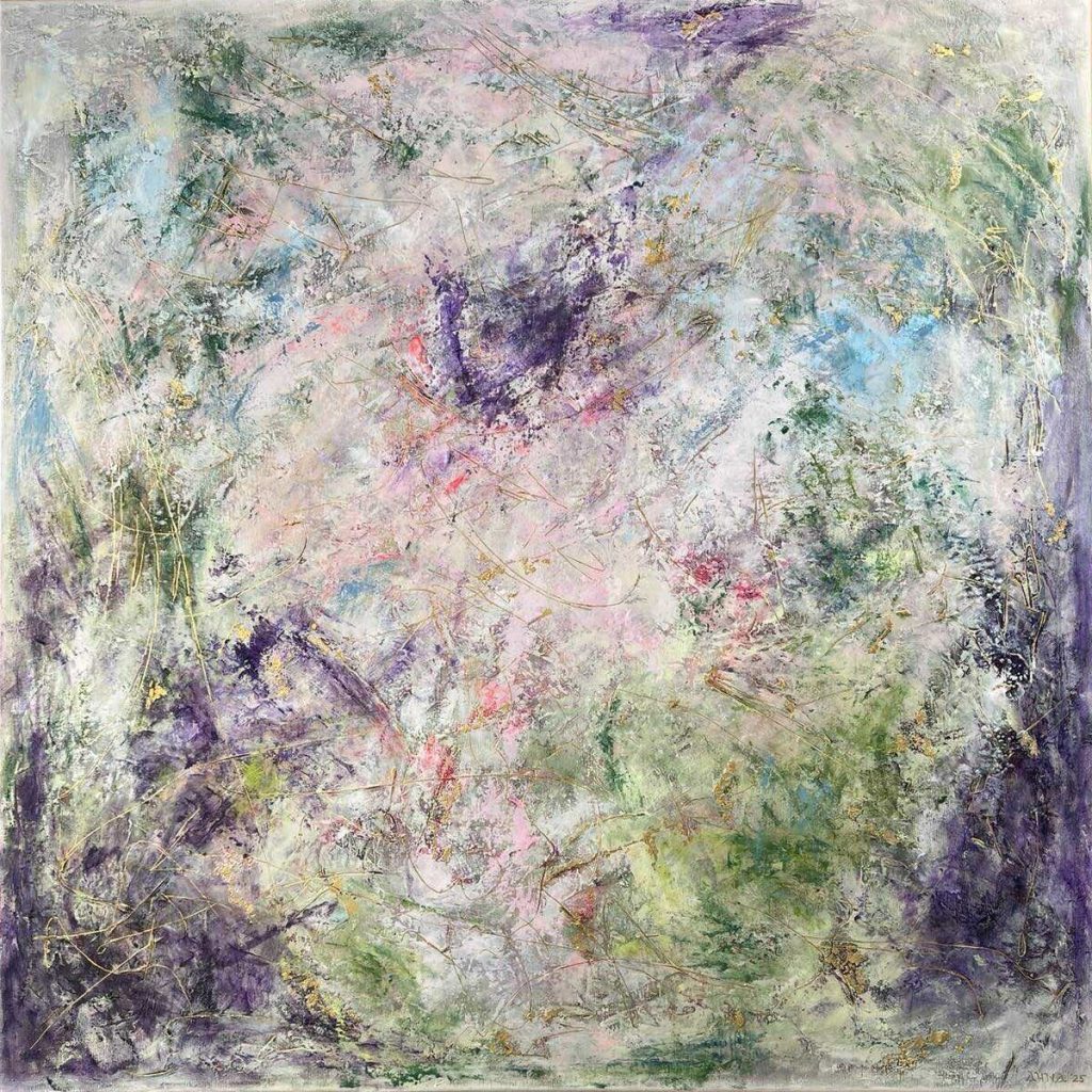 The Color of Your Next Thought 2 100x100cm Large abstract painting soft green, deep violet, bright pink and gold. Textured layers, expressive marks, and gold accents create a dynamic modern artwork full of depth and energy. Worldwide shipping and easy returns. Ready to hang.