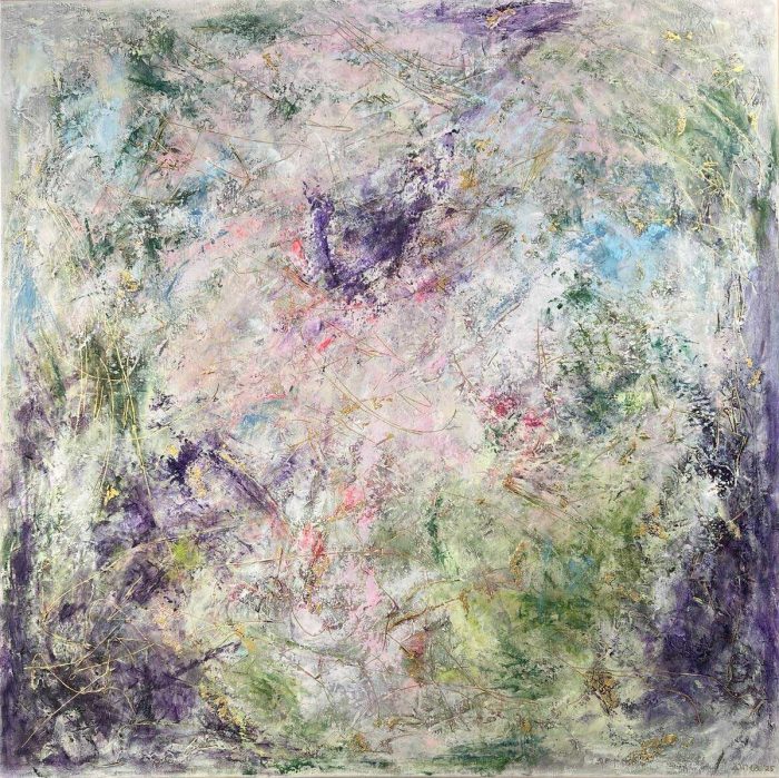 The Color of Your Next Thought 2 100x100cm Large abstract painting soft green, deep violet, bright pink and gold. Textured layers, expressive marks, and gold accents create a dynamic modern artwork full of depth and energy. Worldwide shipping and easy returns. Ready to hang.