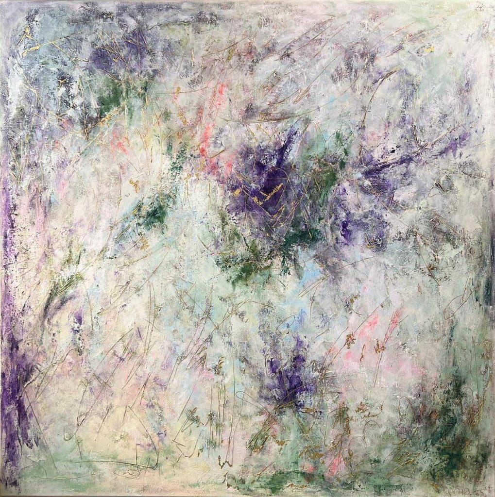 The Color of Your Next Thought 3 100x100cm Large abstract painting soft green, deep violet, bright pink and gold. Textured layers, expressive marks, and gold accents create a dynamic modern artwork full of depth and energy. Worldwide shipping and easy returns. Ready to hang.