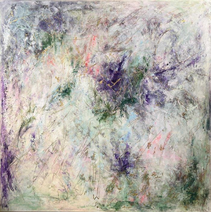 The Color of Your Next Thought 3 100x100cm Large abstract painting soft green, deep violet, bright pink and gold. Textured layers, expressive marks, and gold accents create a dynamic modern artwork full of depth and energy. Worldwide shipping and easy returns. Ready to hang.