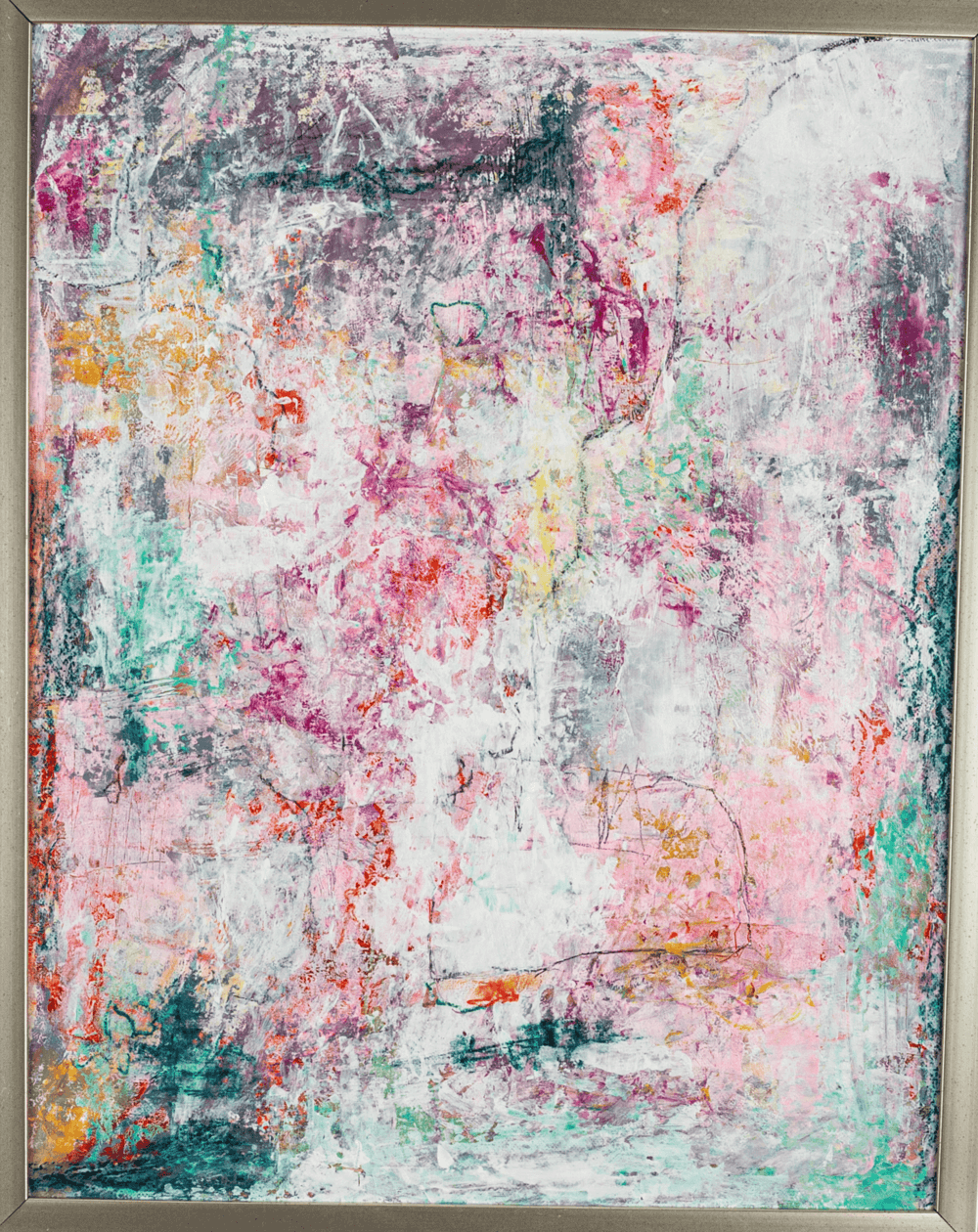 WISH YOU WERE HERE 2 53 x 43 cm, is an expressive abstract painting featuring vibrant brushstrokes and marks in soft pink and grey, multiple layers, on a textured surface. Mixed media on cardboard, framed, its vibrant composition brings both intensity and calm to any contemporary space.