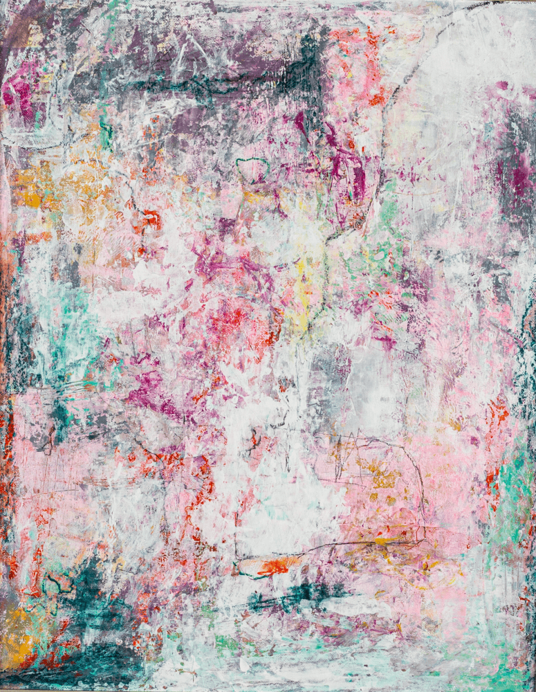 WISH YOU WERE HERE 2 53 x 43 cm, is an expressive abstract painting featuring vibrant brushstrokes and marks in soft pink and grey, multiple layers, on a textured surface. Mixed media on cardboard, framed, its vibrant composition brings both intensity and calm to any contemporary space.