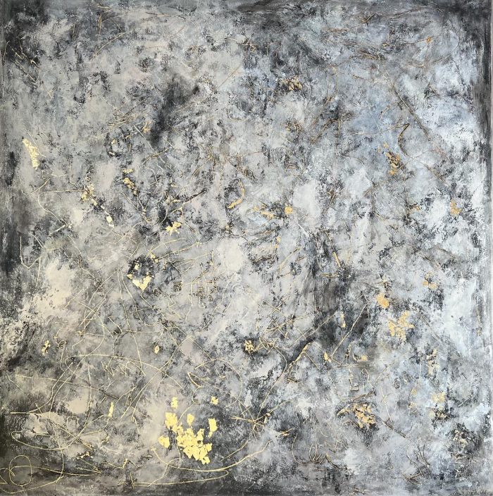 You Live Your Life Like If It's Real 100x100cm - A layered abstract painting in soft whites and greys, featuring gold paper details. Calm yet expressive, it blends emotion with simplicity — a perfect balance for modern interiors. Worldwide shipping and easy returns. Ready to hang.